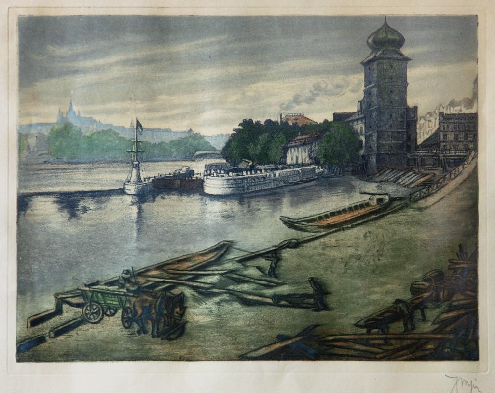 Artwork by Jaroslav Majer, Embankment at Šítkovská Tower, Made of Etching, aquatint