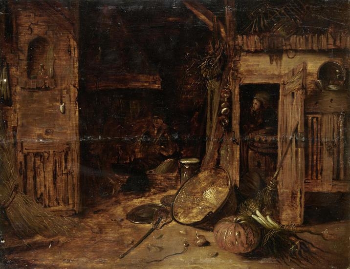 A barn interior with pumpkins and other vegetables by Willem Kalf