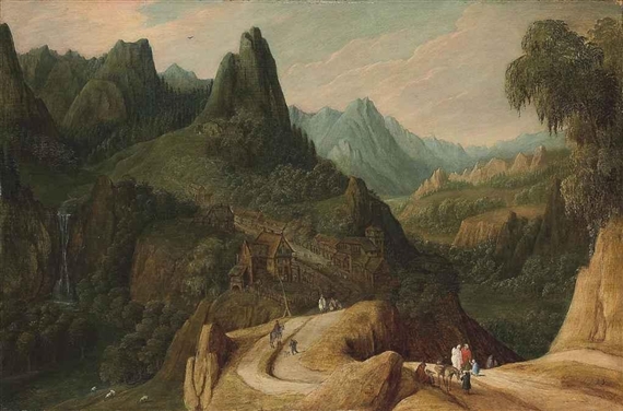 A mountainous landscape with travellers on a track by Tobias Verhaecht, 1615