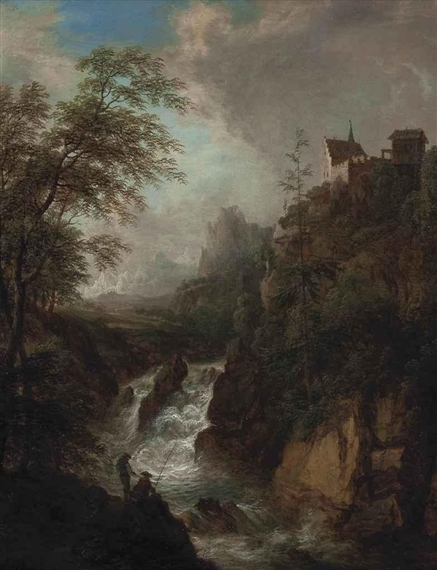 Christian Georg Schütz I | A mountainous river landscape with anglers ...