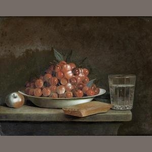 Cherries in a bowl, with an apple and a glass on a table top - François Xavier Vispré