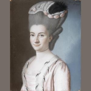 2 Works: Portrait of Monsieur Beeherfer de Vaugency, bust-length, in a blue embroidered coat; and Portrait of Madame Beeherfer de Vaugency, née de Courtaguou, bust-length, in a pink silk dress and matching headdress by Joseph de Saint-Michel, 1776