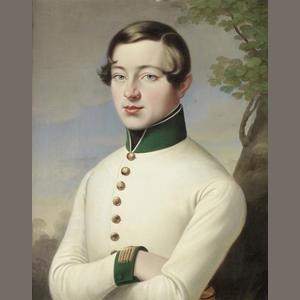 Portrait of a young officer of an Austrian infantry regiment, half-length, in a white coat with green collar and cuffs by Austrian School, 19th Century, 19th Century