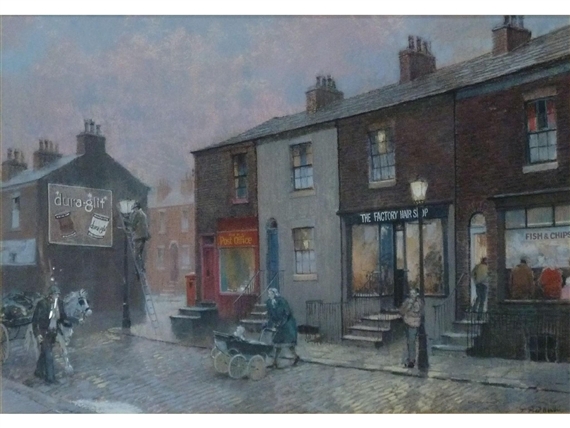 Salford street scene with shops, lamp lighter and other figures by Tom Brown