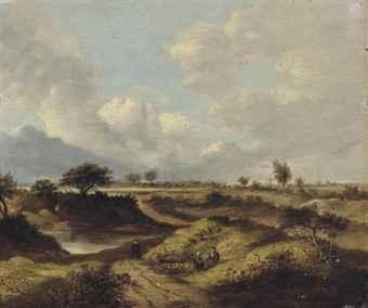 A dune landscape with travellers on a path along a river