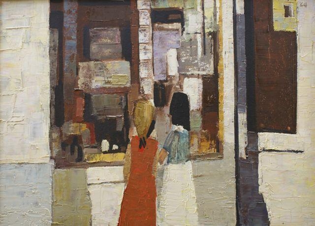 Artwork by John Rigby, Window Shoppers, Made of Oil on board