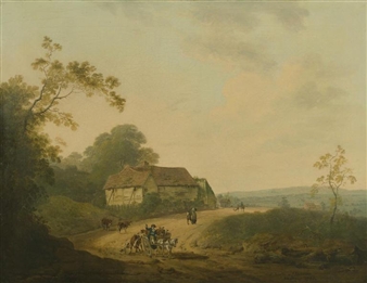 An extensive landscape with travellers on a road - Julius Caesar Ibbetson
