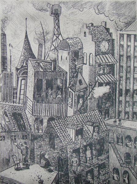 Artwork by Jacobus Marinus Prange, 100 works: Some titles: Afrikaanse maskers; Zee; Verdrinking; Marionetten; Opstijging; Gemaskerde voor spiegel; Insecten I-II., Made of woodcuts on "Chine", etchings and lithographs