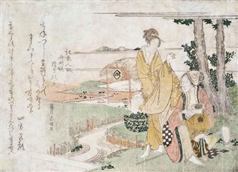 2 Works : A surimono depicting a peasant lady nursing her child beside a stream, a lady in kimono standing behind her ; The Noji Jewel River in Yamato Province