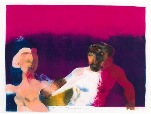 Artwork by Robert Hodgins, A Greek God up to no Good, Made of monoprint in colours