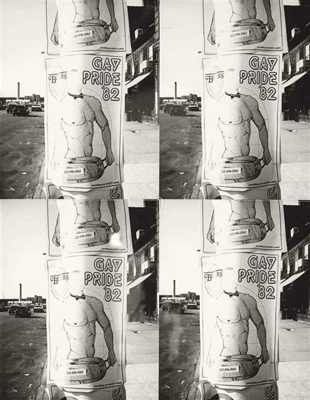 A black-and-white grid of four identical posters featuring a shirtless figure with the text 'GAY PRIDE 82' against an urban backdrop.