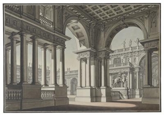 Design for a stage set: Roman architectural prospect with a columned passage-way and an eqestrian monument for the opera Idomeneo - Lorenzo Quaglio II