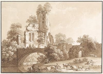 A river landscape with an old ruin and a stone bridge, a shepherd and his flock in the foreground - Christian Gottlob Hammer