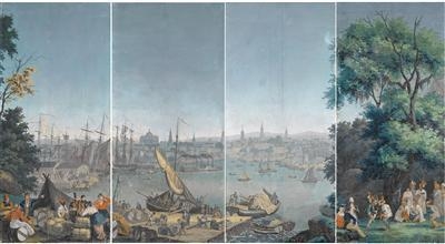 Artwork by Zuber et Cie, 4 Works: A wallpaper with a scenic view of Boston including sailing boats, a steamboat, and staffage with Beacon Hill, the State House and Street Church park, Made of woodprint on paper rolls, laid down on canvas