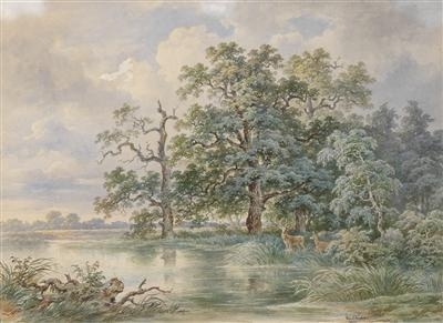 Stags at the shores of a pond