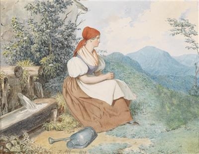 A girl with a red headscarf at a spring by Jakob Alt, 1847