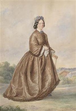 A portrait of a lady from the country, in a brown dress and in a hat decorated with flowers by Josef Kriehuber, 1862