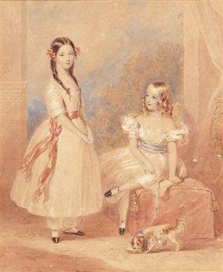 A portrait of two sisters in white dresses with a blue and a red sash, against a landscape background