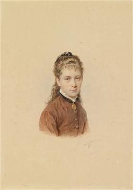 A portrait of a blond girl in a brown dress by Josef Kriehuber, 1874