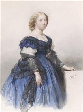 A portrait of a blond woman in a blue dress and with a black lace veil by Josef Kriehuber, 1856