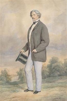 A portrait of a gentleman in a top-hat, standing in the park of a castle by Josef Kriehuber, 1863