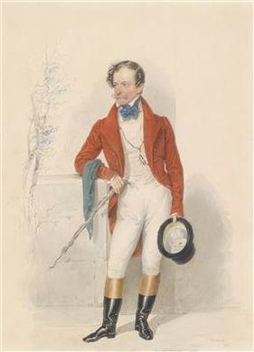 A blond gentleman in a riding costume, leaning at a parapet by Josef Kriehuber, 1838