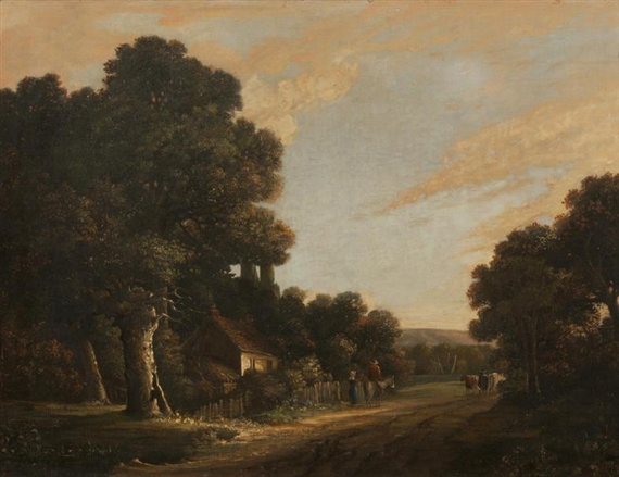 Figures on a path in a country landscape