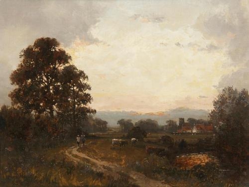 Artwork by Campbell A. Mellon, Figures and cattle in a landscape at sunset, Made of oil on canvas