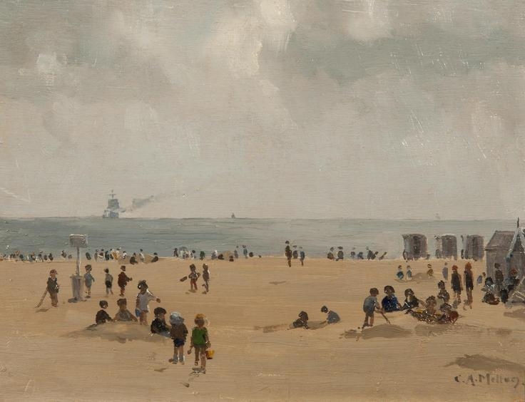 Artwork by Campbell A. Mellon, Building sandcastles, Gorleston beach, Made of oil on panel