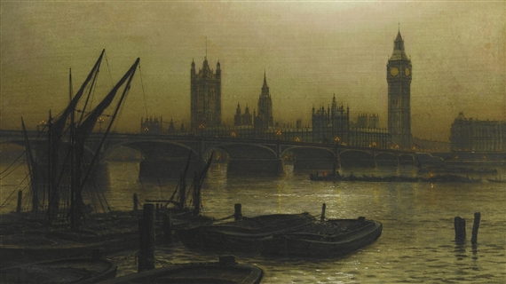 WESTMINSTER BRIDGE WITH THE HOUSES OF PARLIAMENT by Louis Hubbard Grimshaw