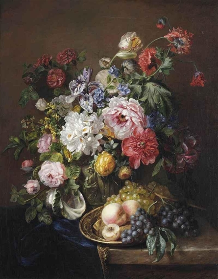 Roses, poppies, peonies, tulips and syringa with a caterpillar and a moth in a vase with classical reliefs, peaches and grapes on a copper ewer and grapes and a seashell on a partially draped marble ledge by Adriana Johanna Haanen, 1851