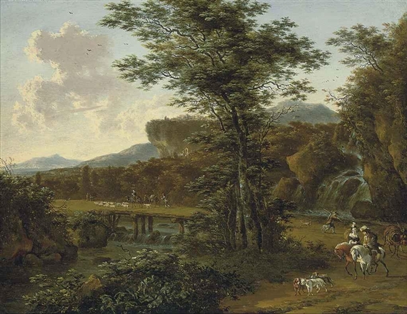 A river landscape with travellers on a track near a waterfall by Willem de Heusch