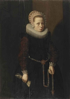 Portrait of a girl, three-quarter-length, in a black dress, with a white ruff, a lace headdress, holding gloves and a pomander hanging on a gold and silver chain from her waist - Master of the Intertwined Ae