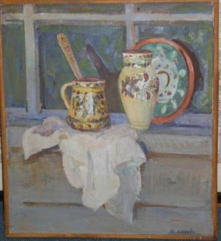 Still life of painted pottery on a ledge - H. Kapeba