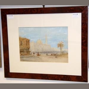 An eastern street scene with a bazaar and mosque by Edwin St. John