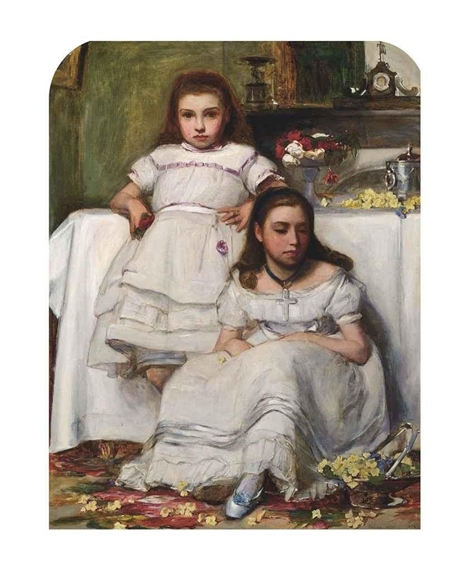 Portrait of two girls, dressed in white by Frank Holl, 1869