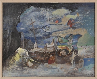Abstract seascape of a ship, fish and figures - Howard Manning Gibbs