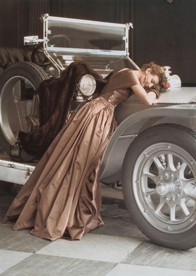 Wenda Over the Rolls, 1907 Rolls-Royce Silver Ghost wearing a Molyneux Dress, Vogue by Norman Parkinson, 1950