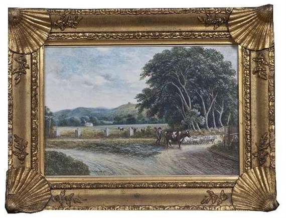 Cattle, Sheep and Drover in a Rural Landscape by R. Sinclair