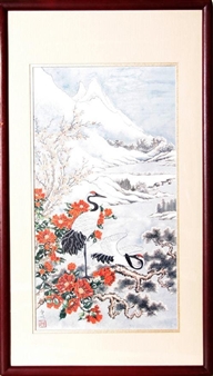 A traditional East Asian ink painting of cranes amidst red flowers against a snowy mountain backdrop.