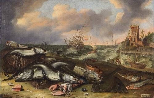 Fish still life with stormy sea by Abraham Willaerts, Willem Ormea