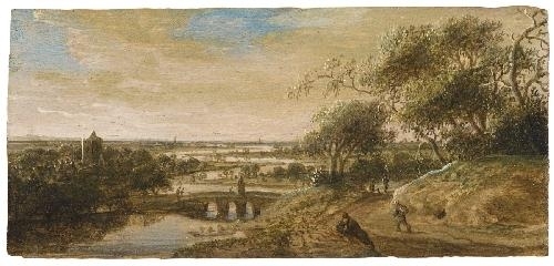 View of Arnheim with the Eusebiuskerk river landscape with bridge and figural staffage by Anthonie Jansz. van der Croos