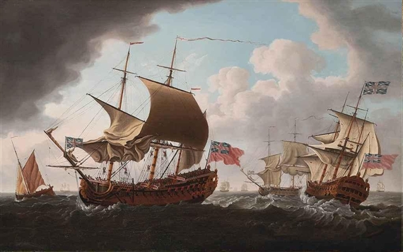 A British warship in three positions in the Channel by Francis Swaine