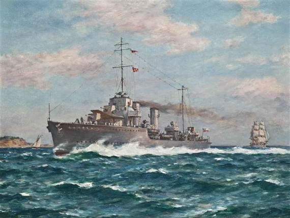 The Chilean Navy's destroyer  Serrano  in coastal waters by Bernard Finegan Gribble