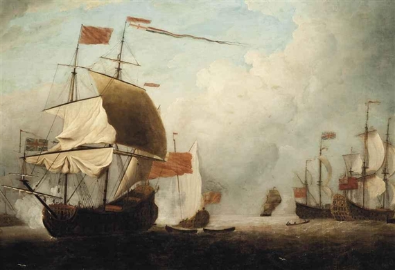 A Squadron of the Red lying in their anchorage with a flagship saluting as she prepares to depart by Francis Swaine