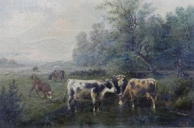 Cattle watering in a wooded river landscape - A. Miles