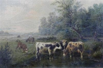 Cattle watering in a wooded river landscape - A. Miles