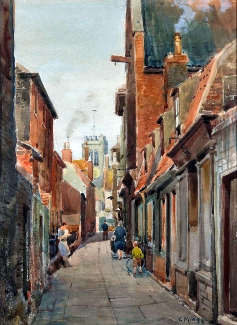 Artwork by Charles Mayes Wigg, A Yarmouth Row with St Peter's, Made of Watercolour