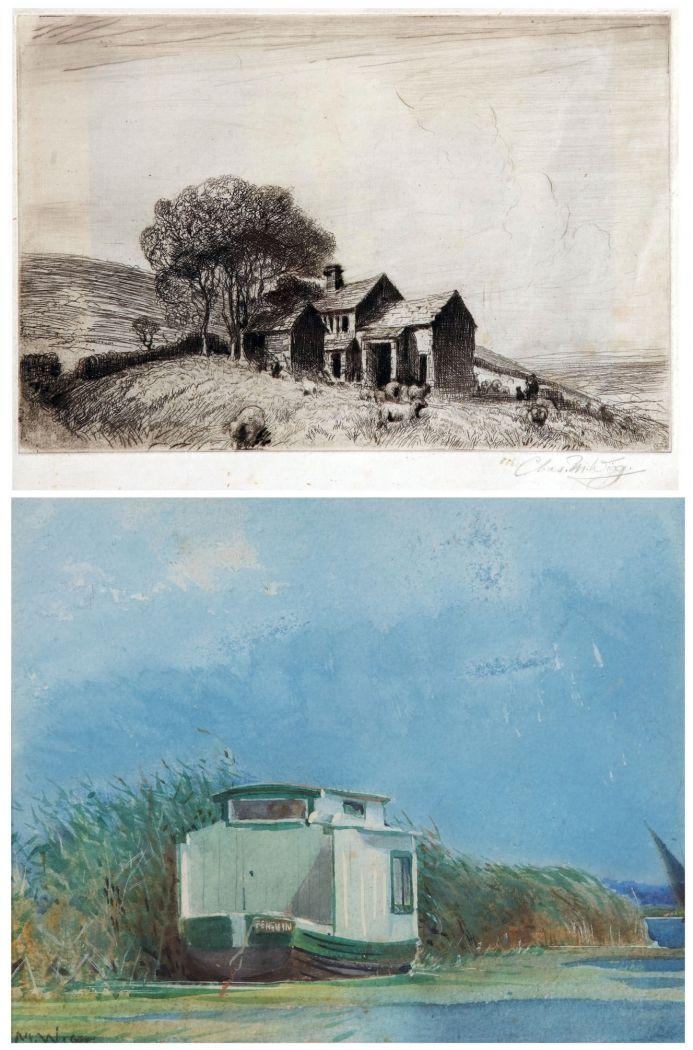Artwork by Charles Mayes Wigg, Houseboat on Norfolk Broads; Sheep Before Hillside Cottages, Made of Watercolour & pencil to Margin Black and White Etching