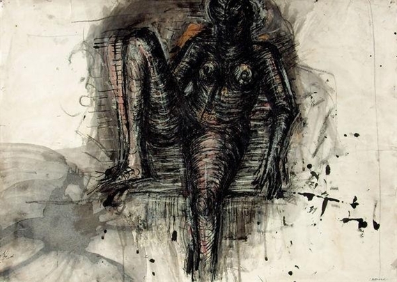 Sitzender Weiblicher Akt mit Aufgestelltem by Lothar Böhme